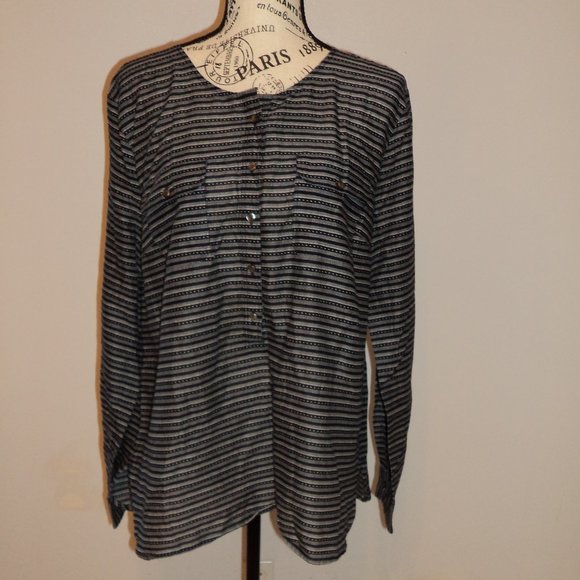 Loft Women's Size Large Blouse Top Striped Blue White Button Pockets Long Sleeve - Picture 1 of 10